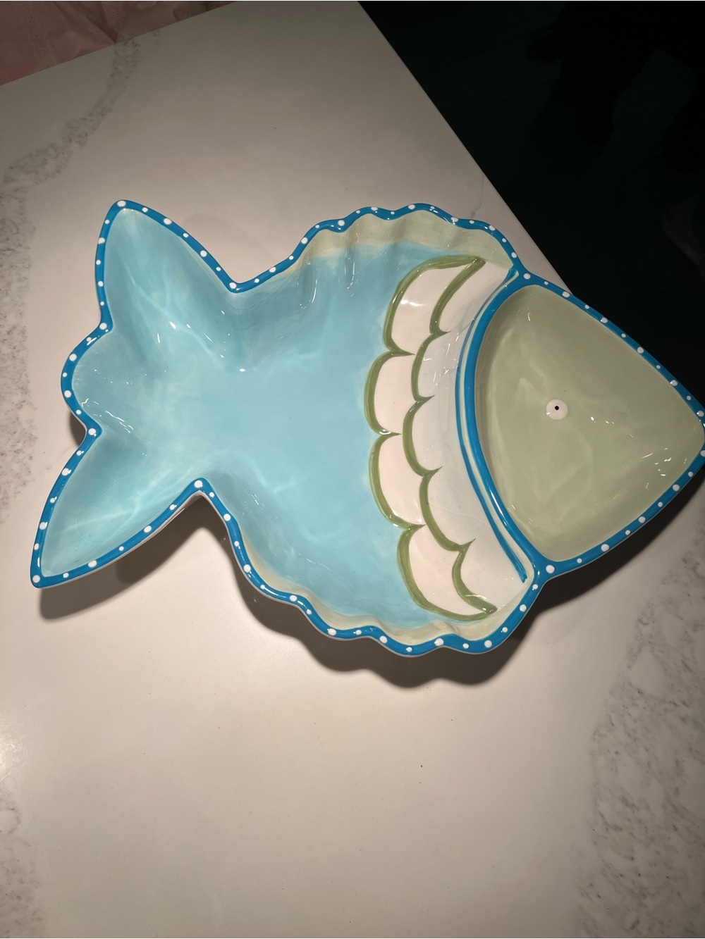 Fabulous green and blue fish serving dish. Hannabells by Johnna Elstob.